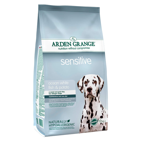 Naturligt, sundt og Kornfrit hundefoder med hvid fisk og kartoffel til sensitive hunde fra Arden Grange